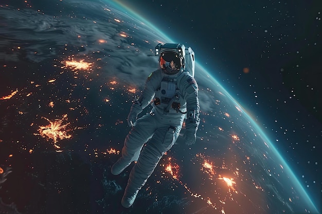 Photo furnished elements depict spaceman in deep space orbiting earth