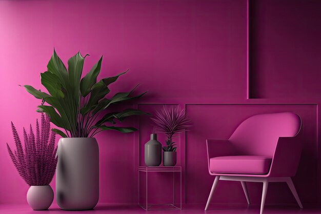 Photo furniture chair and plant pot in viva magenta room light background with copyspace