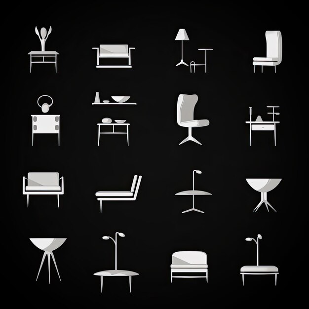 Photo furniture icons set white on black background vector illustration