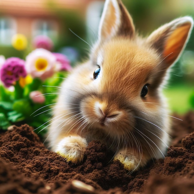 A furry and curious rabbit digging a hole in a flower garden with its nose and whiskers