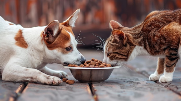 Furry friends happily dine from bowl dog and cat