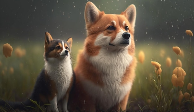 Furry friends red cat and corgi dog walking in a summer meadow under the drops of warm rain Generative AI