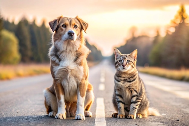 furry friends red cat and corgi dog walking in a summer meadow under the drops of warm rain