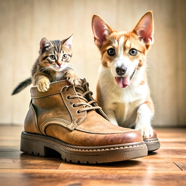 furry friends red cat and corgi dog walking in a summer meadow under the drops of warm rain