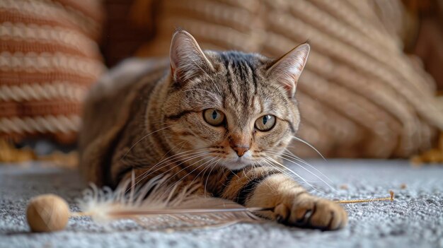 A Furry Hunting Cat Playing With A Feather Yarn Wand Toy Indoors Full Of Playful Energy