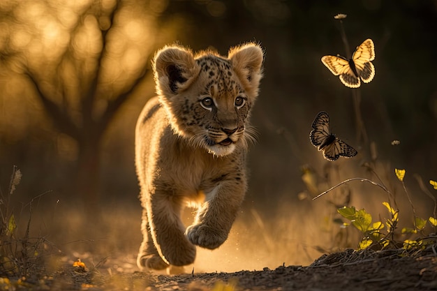 Furry Lion Cub Playing in Forest While Chasing a Butterfly generative AI