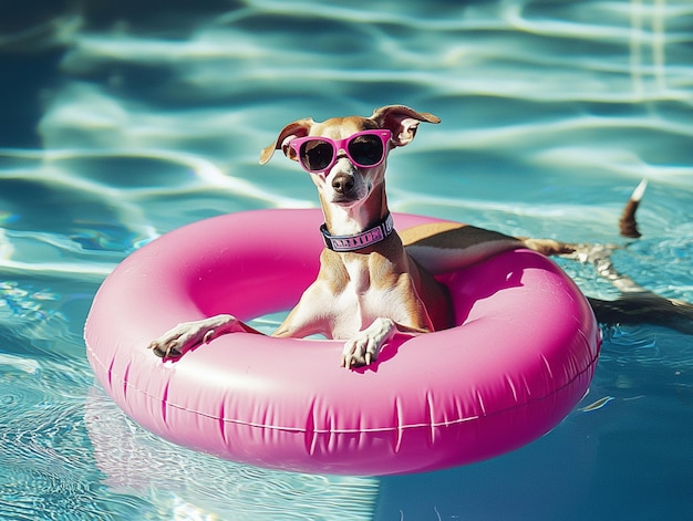 Photo a furry pet dog is floating on a summer pool water float