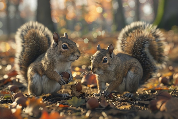 Furry squirrels foraging for nuts