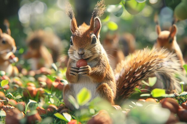 Furry squirrels gathering nuts