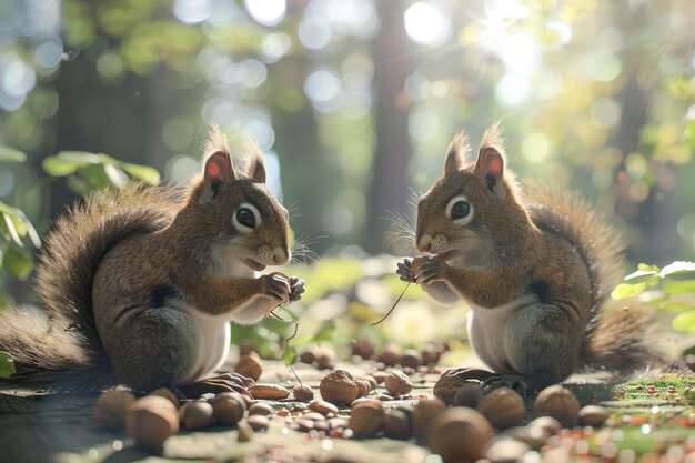 Furry squirrels gathering nuts