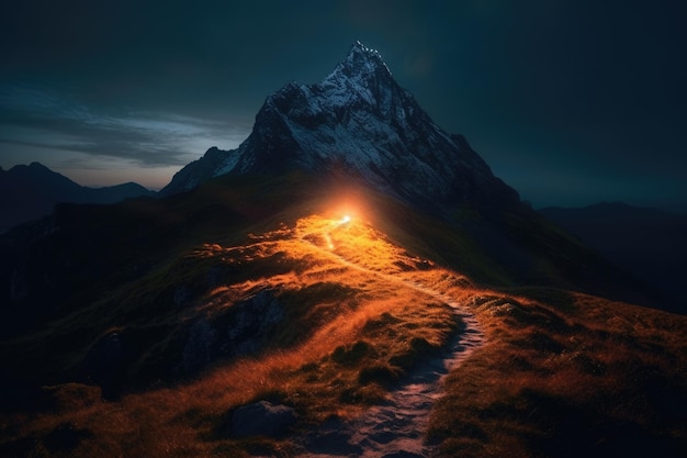 Fururistic mountain with glowing path to the top Generative AI