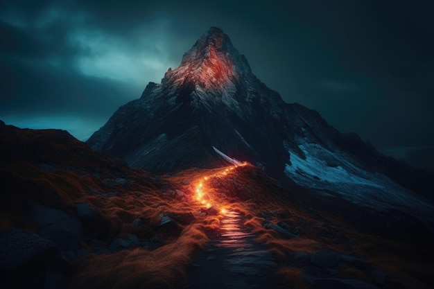 Fururistic mountain with glowing path to the top Generative AI