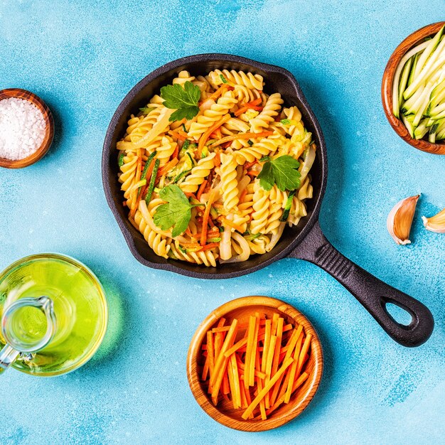 Fusilli pasta with zucchini and carrots