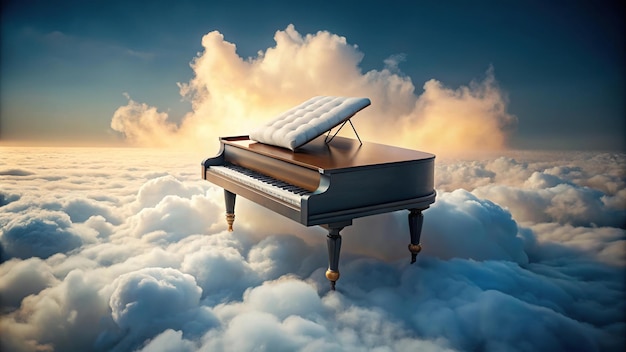 Photo fusion of bed and piano floating in dream cloud