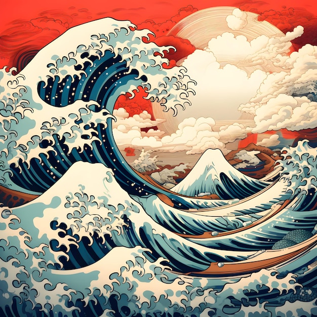 a fusion of Hokusai's iconic wave the atmospheric clouds