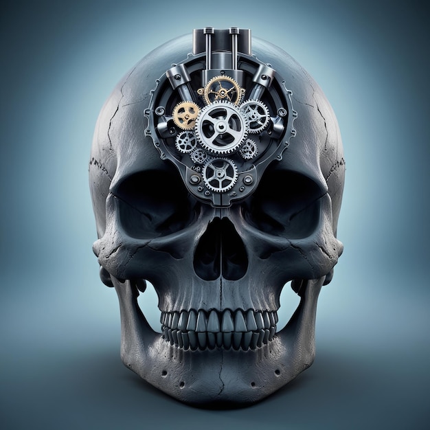 Photo a fusion of human skull and intricate machinery