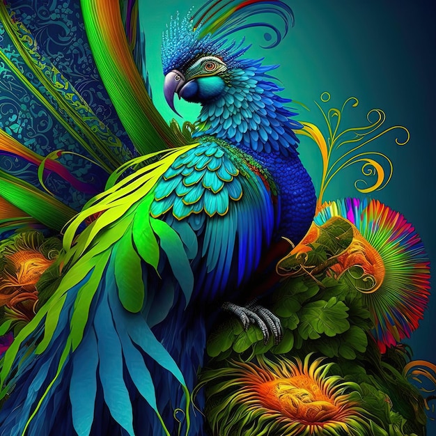 Fusion image between a parrot and a peacock with vibrant colorful plumage