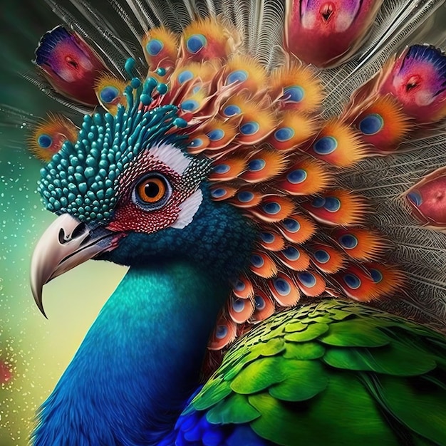 Fusion image between a parrot and a peacock with vibrant colorful plumage