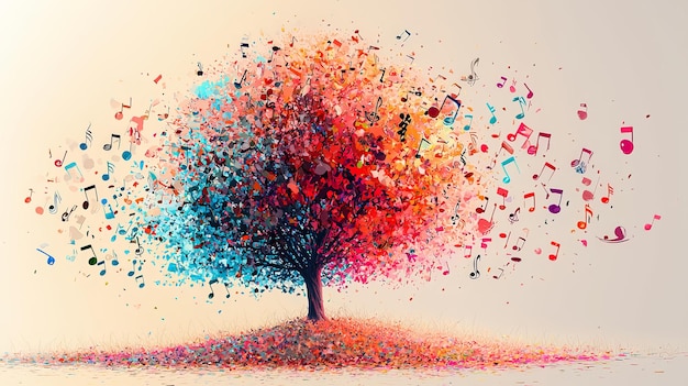 Fusion of tree music notes and vibrant colors artwork