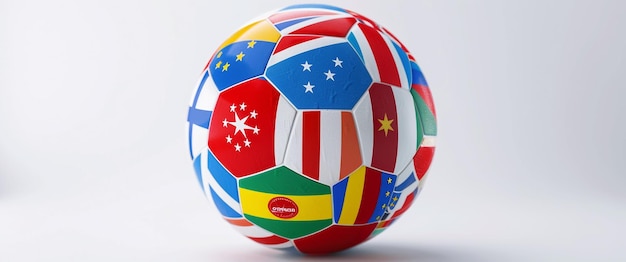 Fussball a Soccer ball with flags of European classical countries in the goal net on