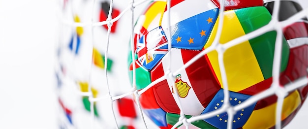 Fussball a Soccer ball with flags of European classical countries in the goal net on