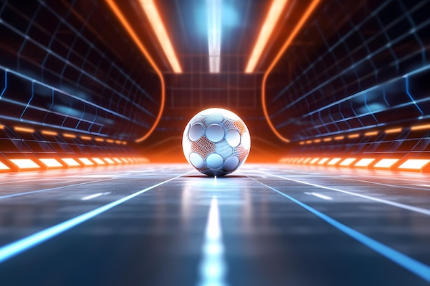 Futsal ball poster concept in the center of a futuristic indoor soccer field or stadium with glowing neon tubes lines background 3D style Generative Ai