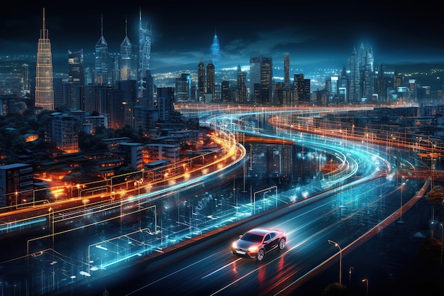 Future automobile getting electricity from renewable power the smart city concept of cars driving on a futuristic AI Generative