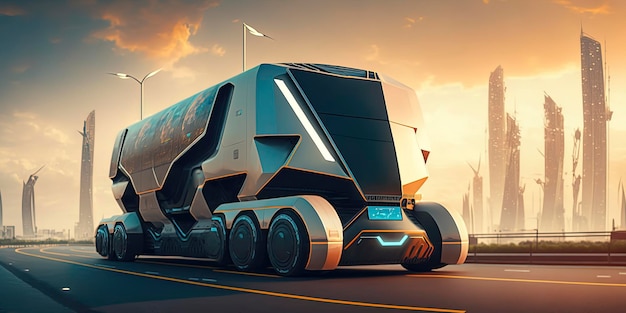 Future of autonomus cargo transportation AV cargo truck driving on road with futuristic city