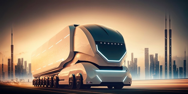 Future of autonomus cargo transportation AV cargo truck driving on road with futuristic city