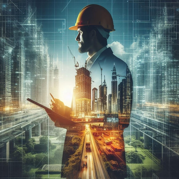 A future building construction engineering project concept with double exposure graphic design A building engineer architect or construction worker working with modern civil engineering equipment