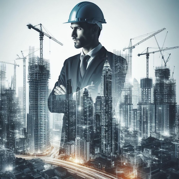 A future building construction engineering project concept with double exposure graphic design A building engineer architect or construction worker working with modern civil engineering equipment