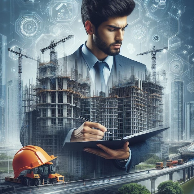 A future building construction engineering project concept with double exposure graphic design A building engineer architect or construction worker working with modern civil engineering equipment