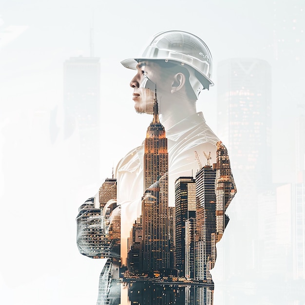 Future building construction engineering project concept with double exposure graphic design