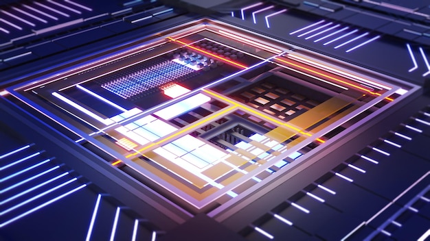 Future central processing unitworking processing technologyConceptual CPU on circuit board3d rendering