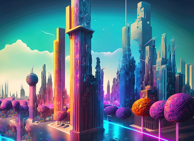 Future city 3D scene Futuristic cityscape creative concept illustration with fantastic skyscrapers towers tall buildings flying vehicles Sci fi metropolis town panorama at colorful background