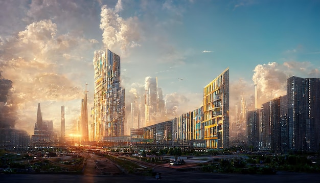 Future City on the coast3d render Raster illustration