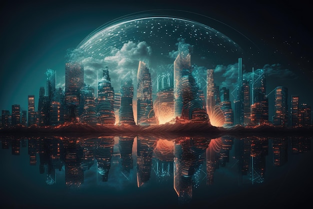 Future city of cyberspace in form of hologram digital virtuality future technological robotic world