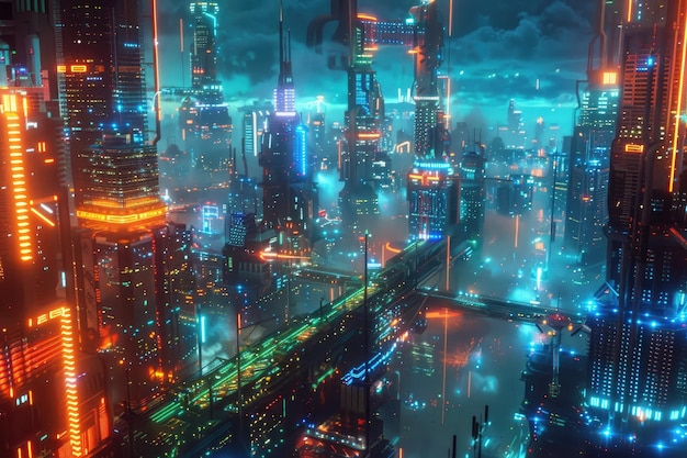 Future city glowing neon cyberpunk city cityscape in the background