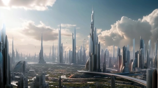 Future city skyline panorama scene Futuristic city Future City on the coast AI Generative