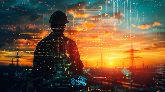 The Future of Construction A Digital Transformation A silhouette of a construction worker wi