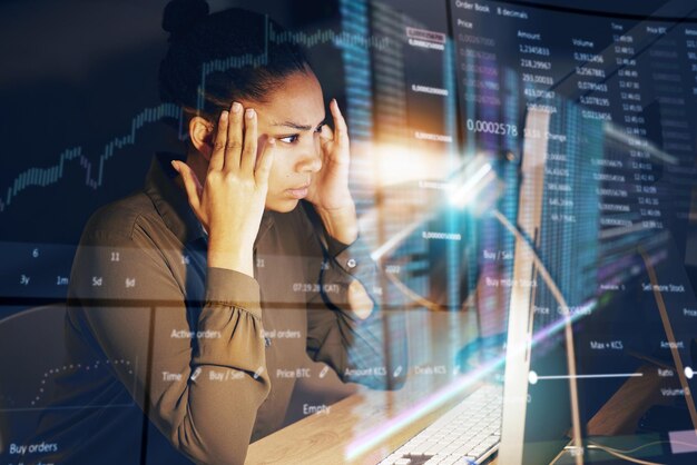 Future data computer and woman stress over financial fail investment overlay or night trading Mental health problem economy fail and African trader risk on stock market crash crisis or dashboard