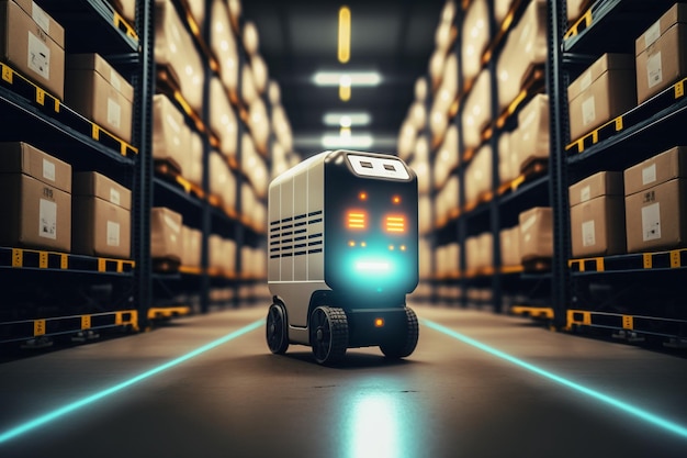 Future Delivery Automated Retail Warehouse Robots and Cardboard Box Delivery in a Distribution Logistics Center AI Generation