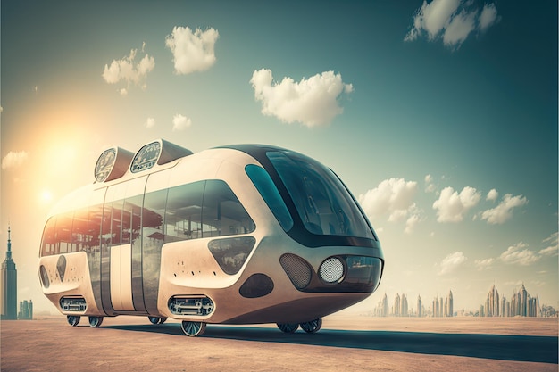 Future design of flying urban transport bus on background of city created with generative ai