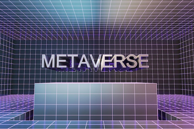 Future digital technology and metaverse concept with front view on graphic sign above digital grey checkered podium on abstract holographic background 3D rendering