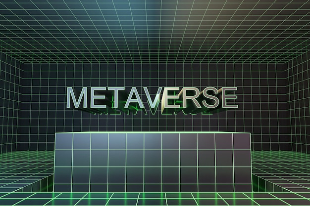 Future digital technology and metaverse concept with front view on graphic sign above digital grey checkered podium on abstract holographic background covered by green rays 3D rendering