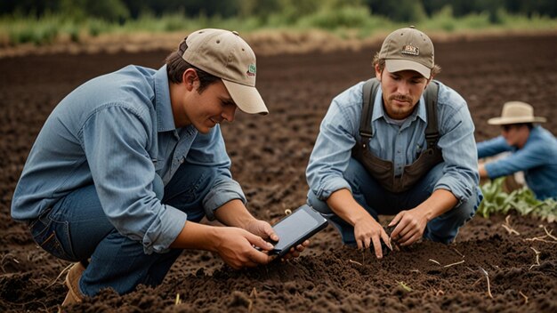 Future farmers analyzing soil health with advanced technology