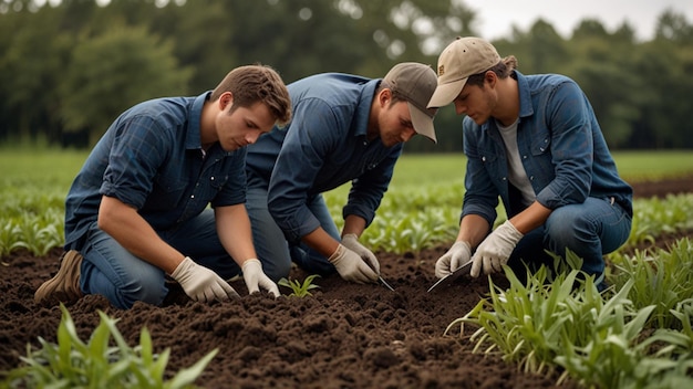 Future farmers analyzing soil health with advanced technology