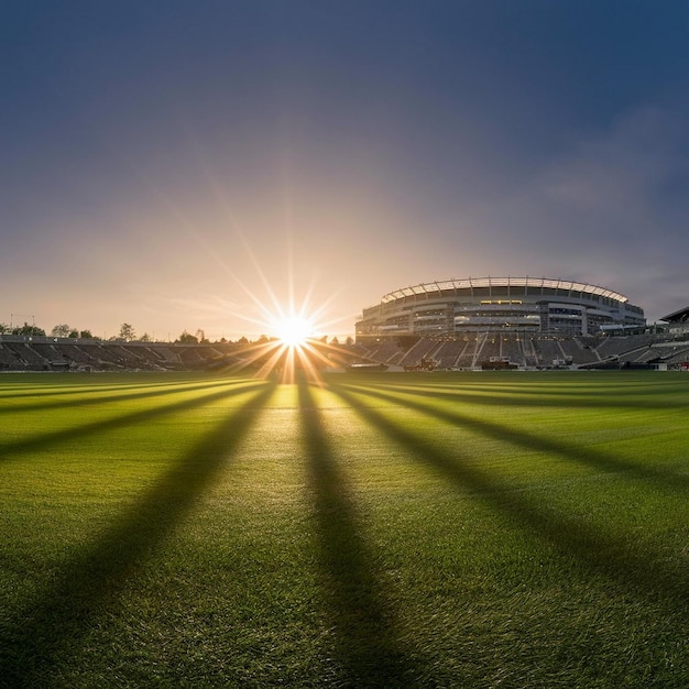 Photo future football or soccer stadium with a green field and and a beautiful view of sky background jpg