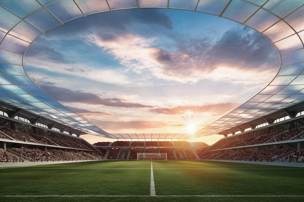 Future Football or soccer stadium with a green field and and a beautiful view of sky background Jpg