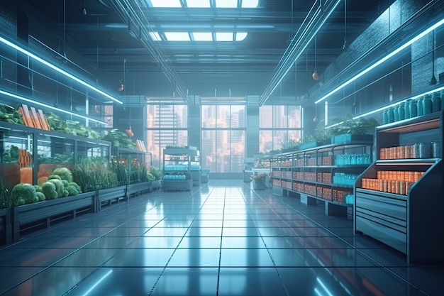 Future of grocery shopping with a modern supermarket interior equipped with advanced technology innovative design and a seamless shopping experience Generative AI